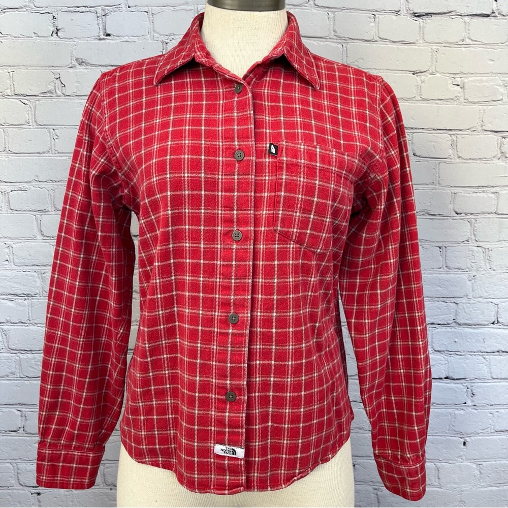 The North Face Long Sleeve Button Up Flannel Shirt Red/Cream Plaid Sz S